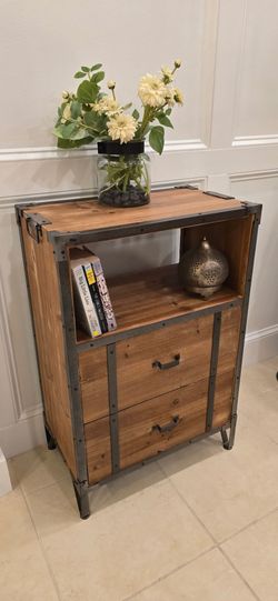 Rare Vintage Industrial Metal-Trim Wood Cabinet