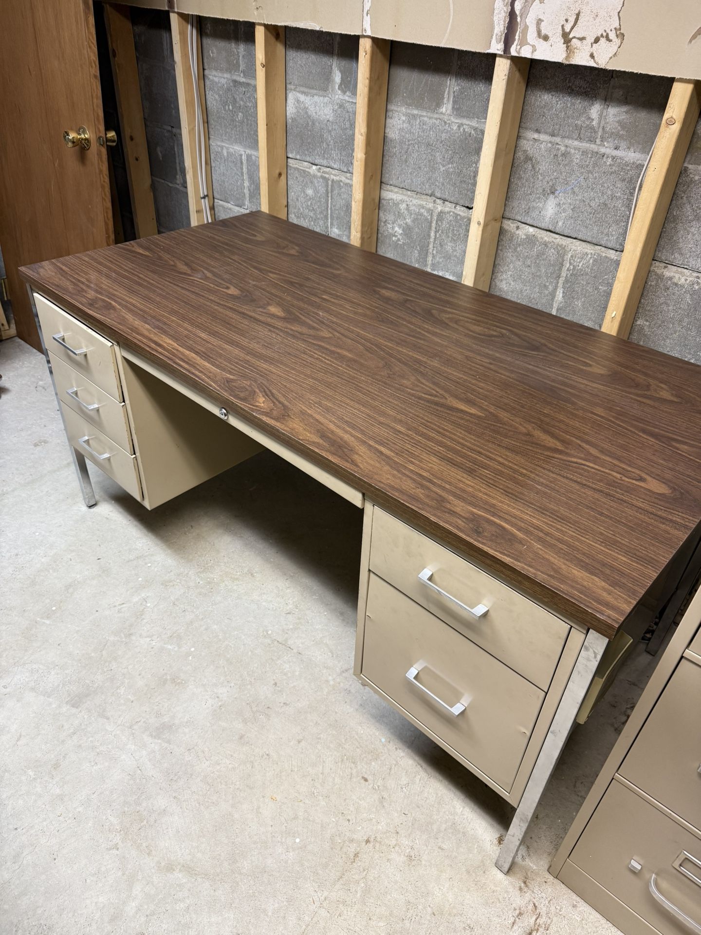 Used , 6 Drawer Metal Work Desk With Wooden Laminate Top