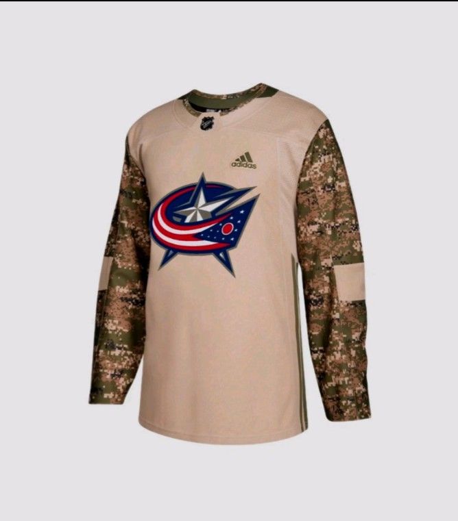 Authentic Adidas Military Camo Khaki Columbus Blue Jackets NHL Pro Jersey Sz 52