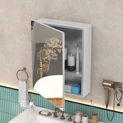 Umeiga Medicine Cabinet Mirror with Storage, Pre-Assembled Medicine Cabinets for Bathroom, Recessed or Surface Mount Small Silver Medicine Cabinet (18