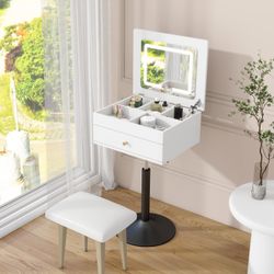 Small Vanity Desk with Adjustable Height Rotating 3 in 1 Flip Top Makeup Vanity with Mirror and Lights Mini Corner White Dressing Table for Bedroom