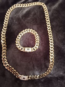 14kt gold plated stainless steel cuban link chain & bracelet, Brownsville $150