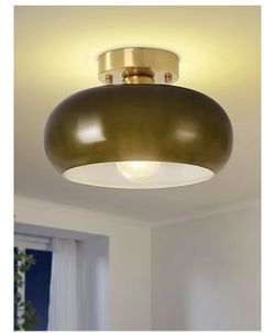 Yunnix Semi Flush Mount Ceiling Light, Gold Light Fixture, Mid-Century Modern Farmhouse Green Glass Small Light Fixtures for Hallway, Bathroom, Kitche