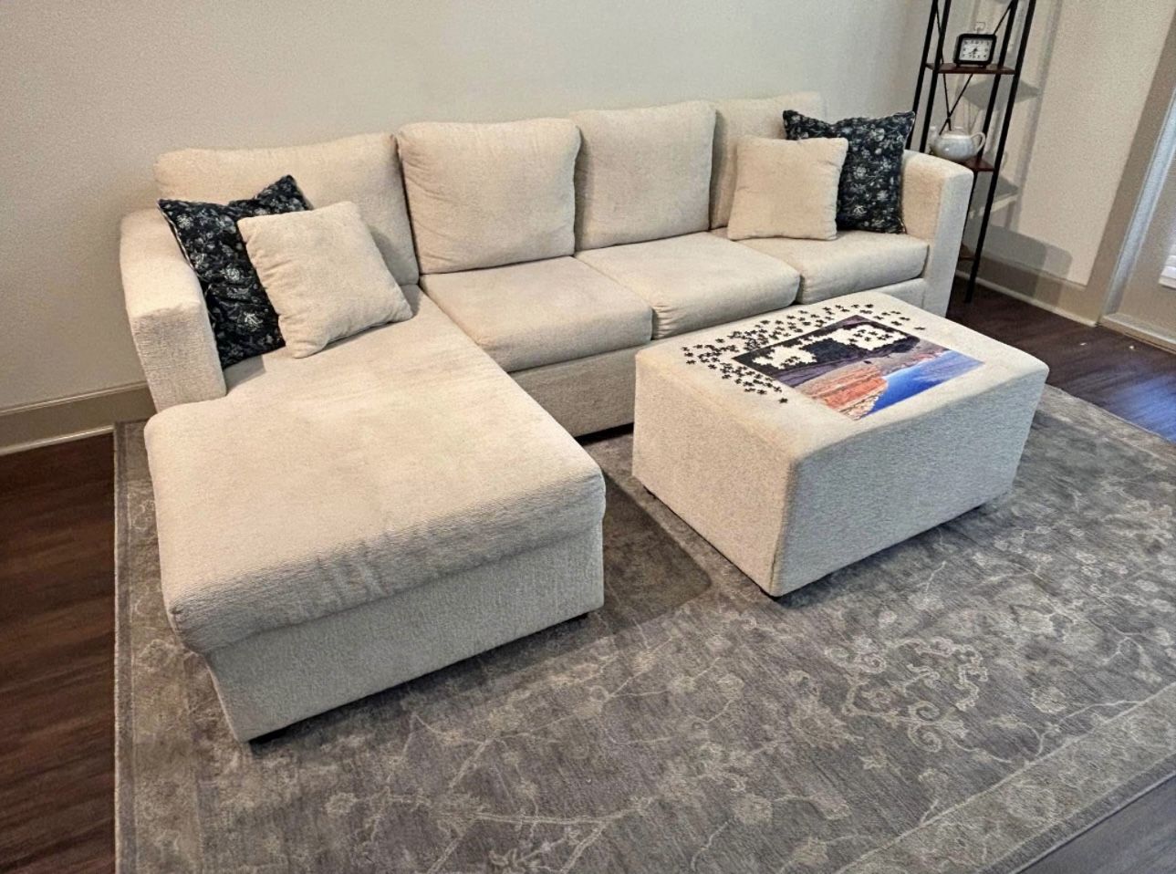 Beige Sectional Couch with Ottoman - Like New 