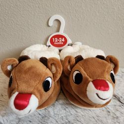 Rudolph The Red Nose Reindeer Plush Slippers Size 12-24 Months- New