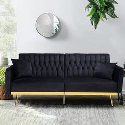 Plush Black Velvet Convertible Sofa/Futon/Bed