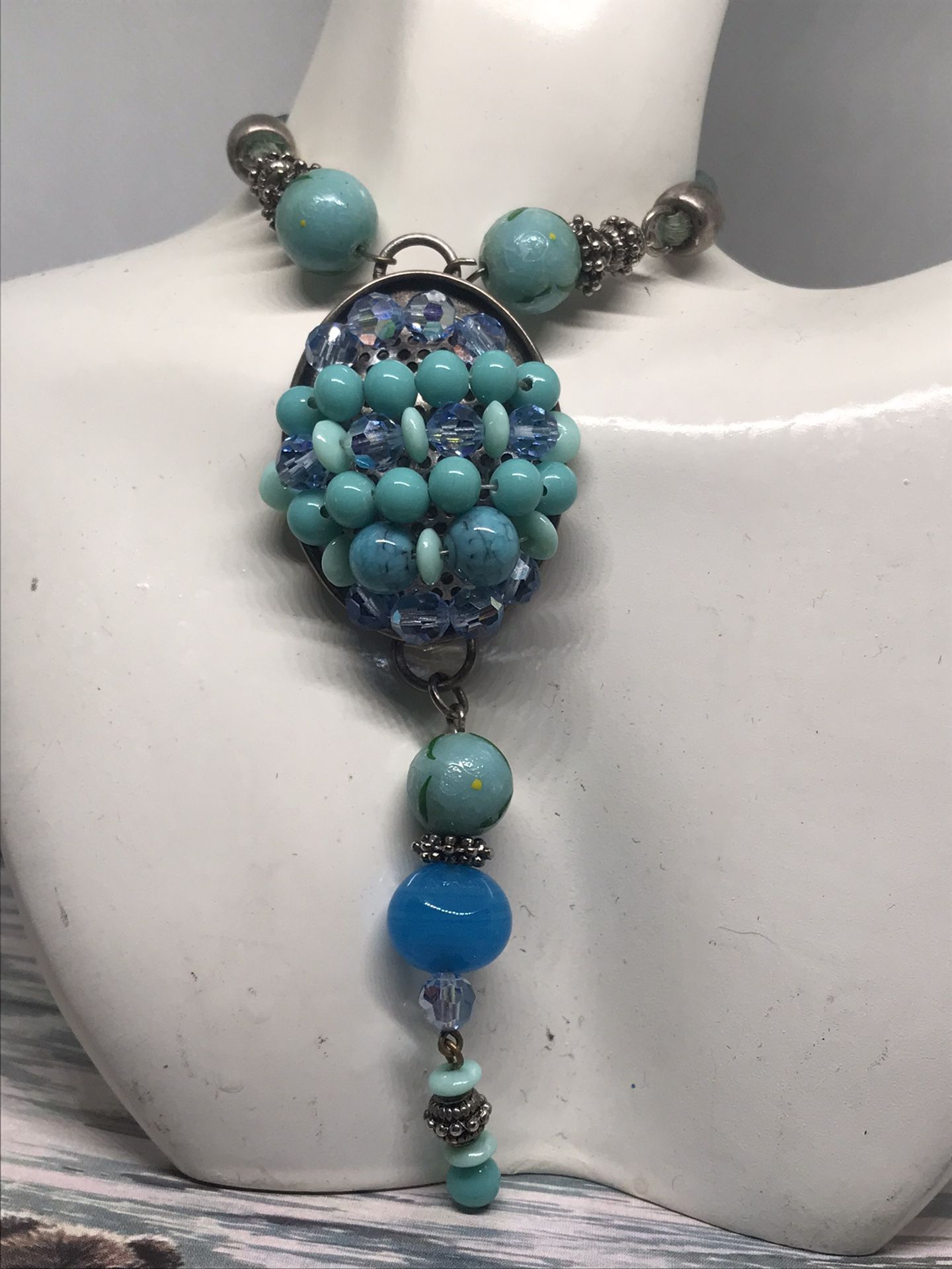 Vintage Signed Kien Turquoise And AB Blue Rhinestone Adjustable Chocker Necklace 