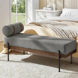 Y308-HULALA HOME Modern Bedroom Bench, Upholstered Entryway Bench with Removable Pillow, Metal Legs for Living Room, Grey