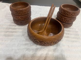 🌿 Vintage Hand-Carved Teak Salad Bowl Set – 8 Pieces