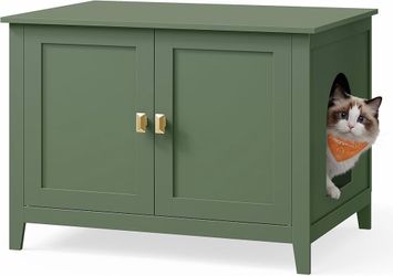 Cat Litter Box Enclosure, Double Doors, Handles Farmhouse Hidden Furniture, Indoor Pet House Washroom, Living Room Side End Table, Forest Green, HELAN