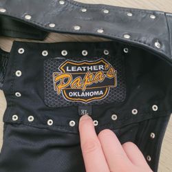 Papa's Leather Oklahoma, Black Leather Studded  Hip Hugger Chaps With Belt. Size Xl
