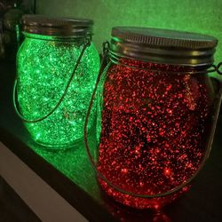 2 Mercury, Glass Red And Green Light Of Jar Lanterns