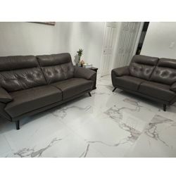 Ashley Furniture - Gray Leather Modern  Sofa and Love Seat Set 