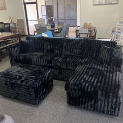 Black Corduroy Sectional With Chaise Lounge And Free Ottoman