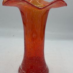 Orange Fluted Handblown Glass Vase 