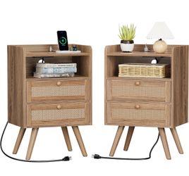Rattan Nightstand Set of 2 with Charging Station