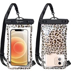 Rynapac Leopard Floating with Airbag Waterproof Phone Pouch 2 Pack for Women & Girl Up to 7" Cellphone Compatible with iPhone 13 12 11 Pro Max XS Max 