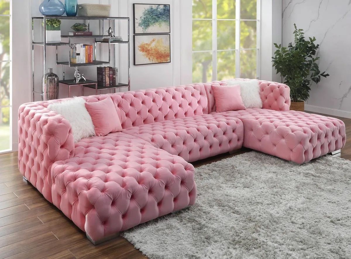 ‼️Limited Stock‼️3PC Pink Velvet Bollywood Sectional (143Lx71Wx33H)