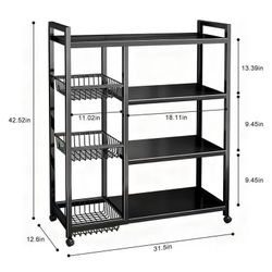 🥨Howcool Movable Kitchen Rack w/ Wheels, Heavy-Duty 4-Tier Storage Cart w/ 3 Mesh Baskets , Metal Shelf Organizer