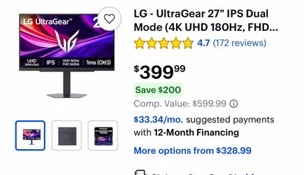 LG - UltraGear 27" IPS Dual Mode (4K UHD 180Hz, FHD 360Hz), 1ms, NVIDIA G-SYNC, AMD Freesync Gaming Monitor (HDMI, DP, USB-C) - Black