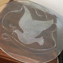 12” Glass platter with etched Dove - sign of Peace - cake plate