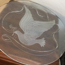 12” Glass platter with etched Dove - sign of Peace - cake plate