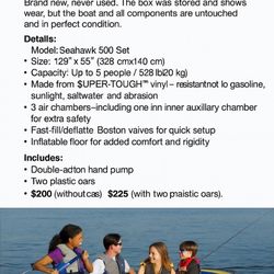 🛶 NEW SEAHAWK 500 FIVE-PERSON BOAT – $200 / $225 w/ Two Plastic Oars 