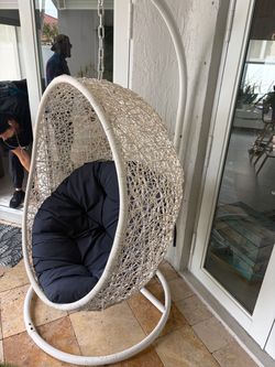 Balmoral Outdoor White Rattan with Blue Cushioned Stand-Alone Hanging Swing Chair