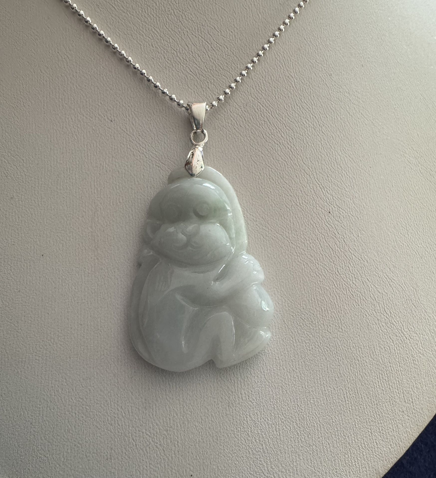 NEW Jade Carved Double Sided Monkey on Sterling Silver Chain (18")