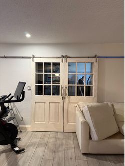 Matching Pair of Solid Wood French Sliding Barn Doors, 36” x 80”, with Heavy-Duty Stainless Steel Hardware