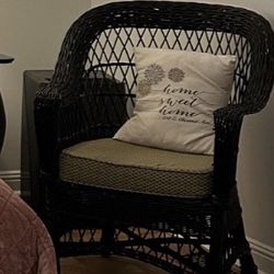 Antique Painted Black Wicker Chair With Cushion