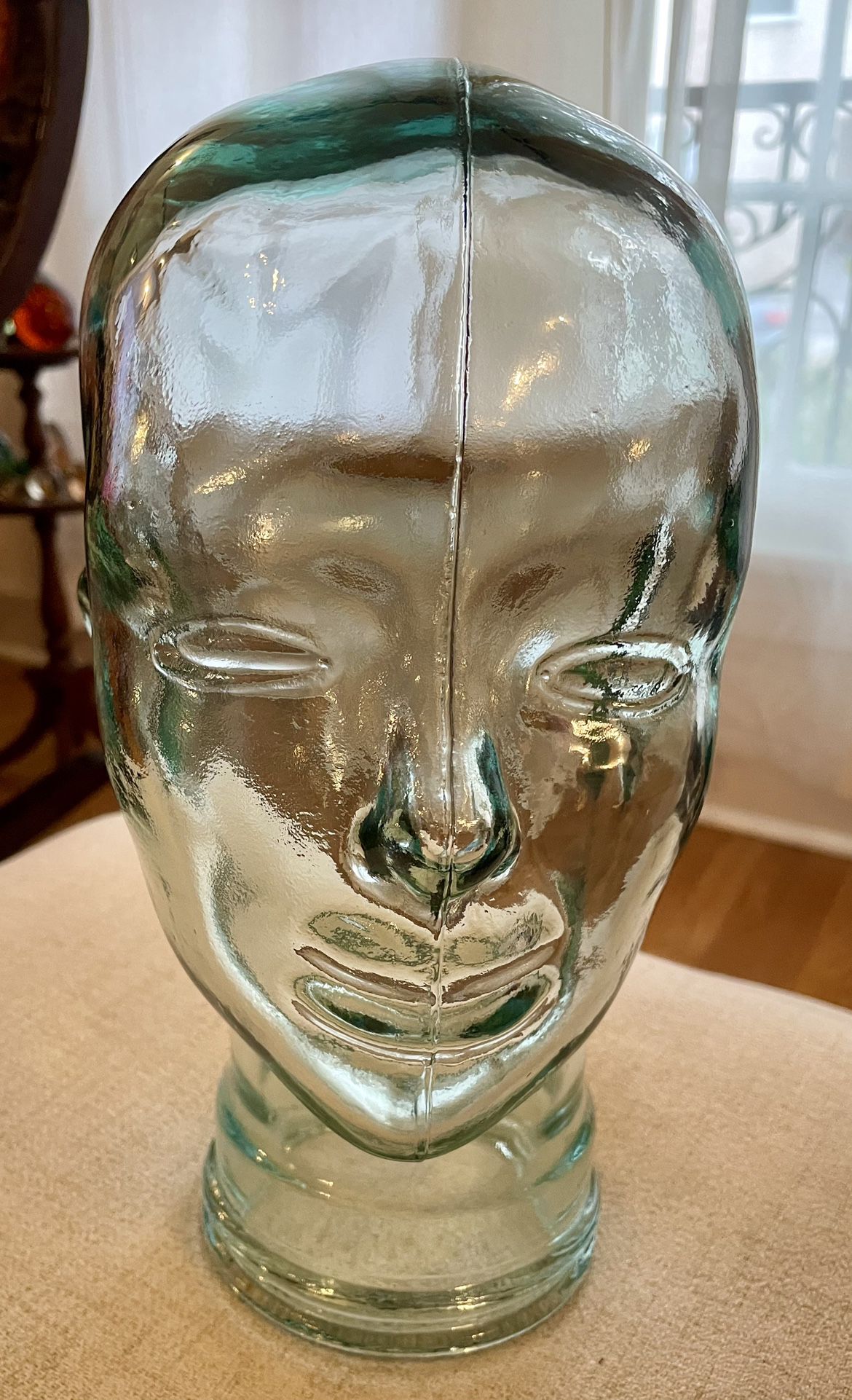 Vintage Glass Human Head Statue - Green Tint - 10”H. Made In Spain