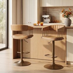 Swivel Adjustable Bar Stools Set of 2, Mid-Century Modern Counter Stools Bar Chairs with Barrel Wood Back and Arms for Bar/Kitchen Island/