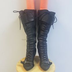 Vintage Black Knee High Lace Up Leather Boots Size 39