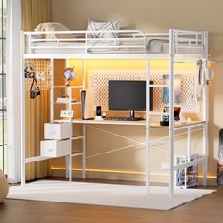 Twin Metal Loft Bed with L-Shaped Desk, Loft Bed Frame with Charging Station, Storage Bed with 2 Drawers & Open Shelf, Safety Guard & Ladder