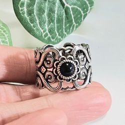 925 Sterling Silver men's ladies women's Black Stone Wide Cuff Ring Gift