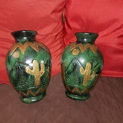 Green Pottery Flower Vases Both For $12