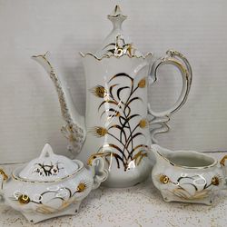 Mid Century Vintage Lefton China Golden Wheat Harvest Tea Set - Teapot, Sugar Bowl and Creamer!