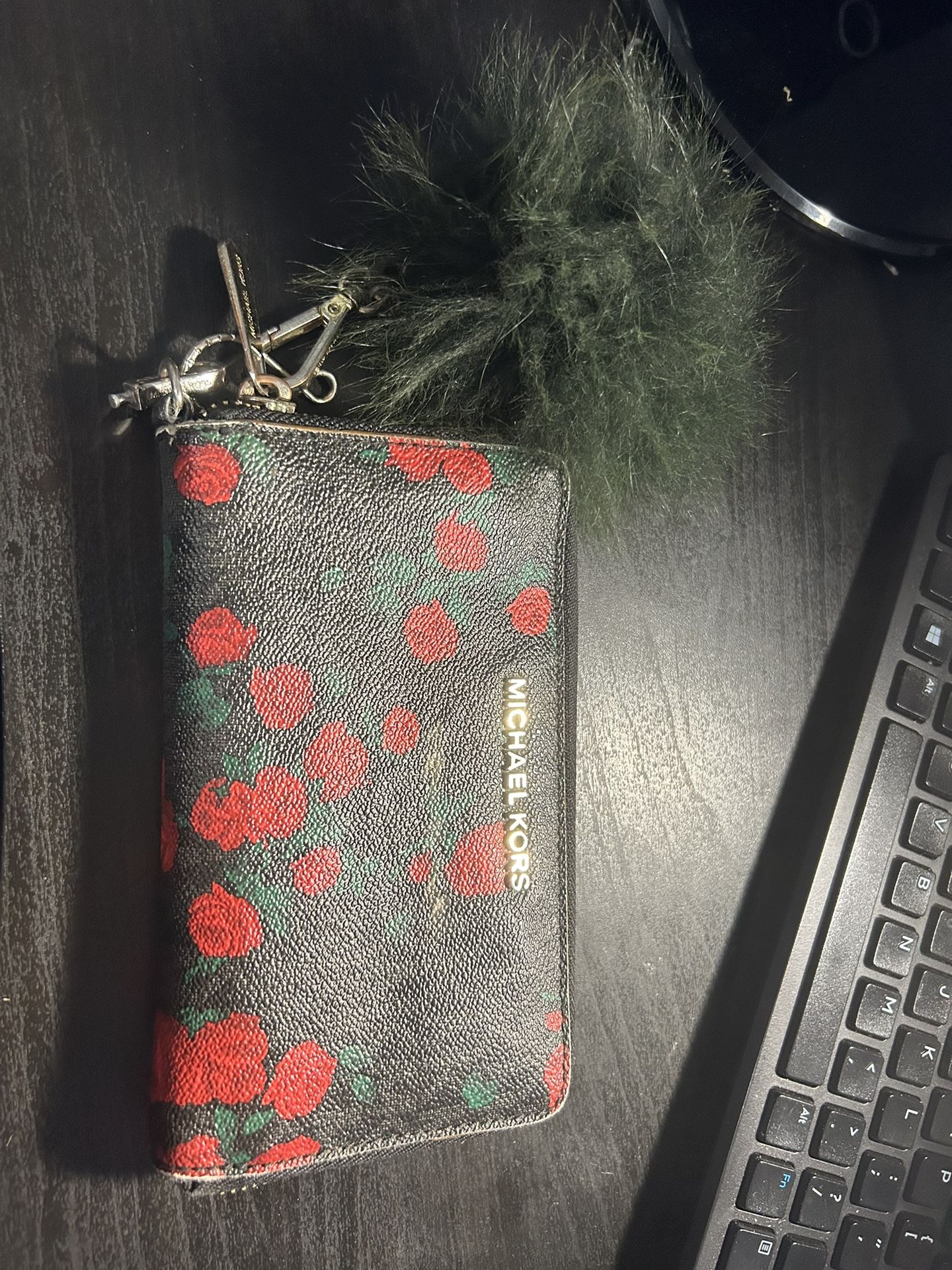 Michael Kors Flower Wallet With Fluff Ball Keychain