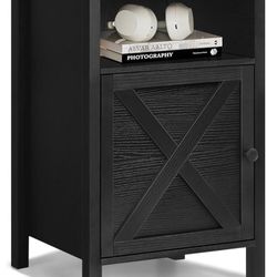 Black Farmhouse Nightstand, Side Table, End Table with Barn Door and Shelf, Rustic Modern Bed Night Stand for Bedroom, Living Room