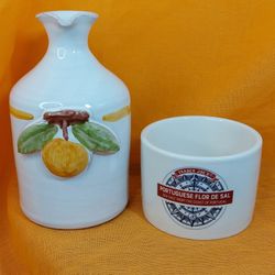 Galantino Handpainted Ceramic Oil Cruet/Trader Joe's Portugese Salt Ceramic Jar