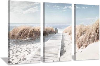 Hardy Gallery Beach Scene Picture Coastal Painting: Oceanside Sea Grass Trail Artwork On Canvas Print For Office(26''X16''X3pcs)