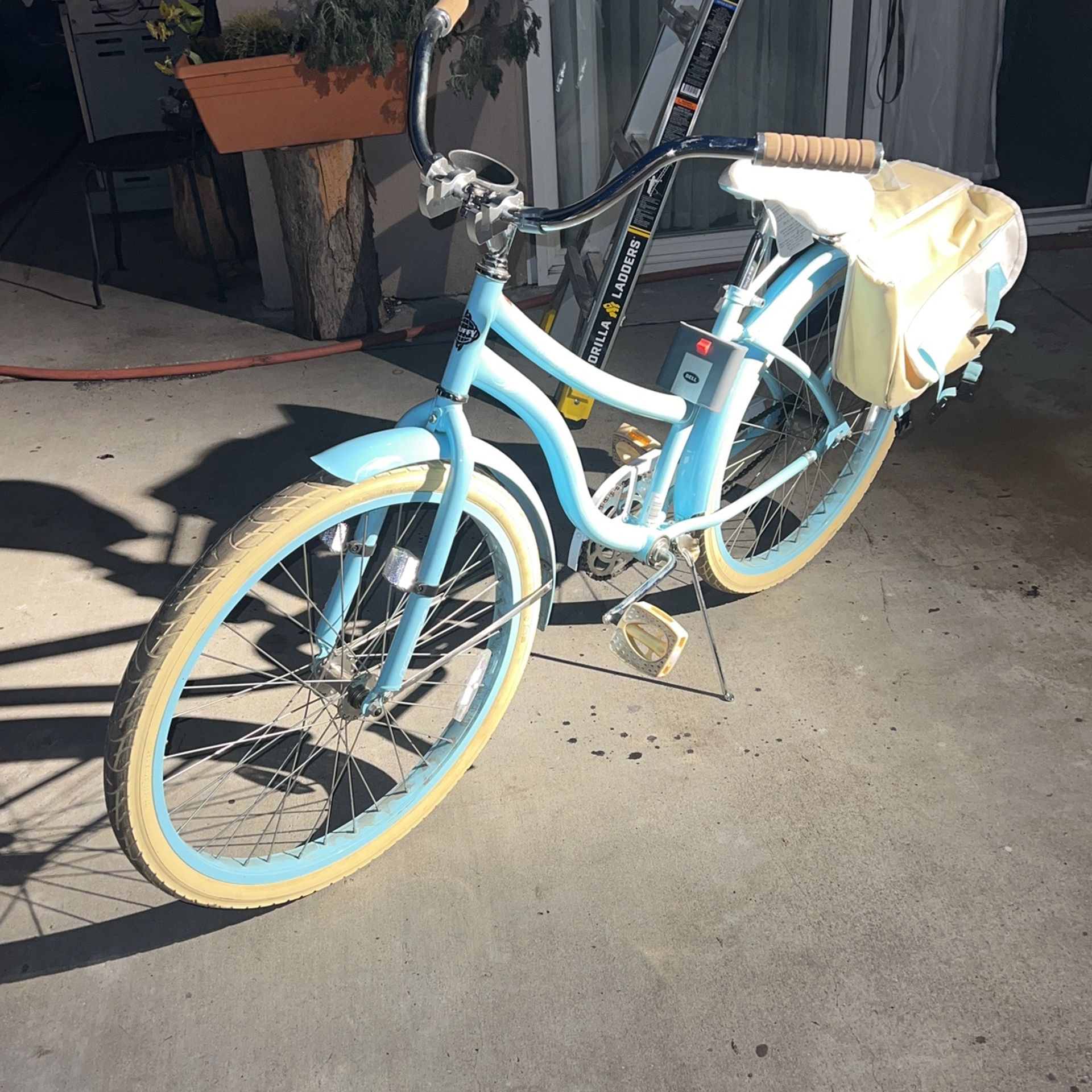 Baby Blue Huffy Cruiser Bike W/ Bell Shell Rear Baby Bike Seat