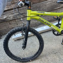 This Raleigh Rowdy 20-inch kids' bike features a neon green frame and a 6-speed drivetrain
