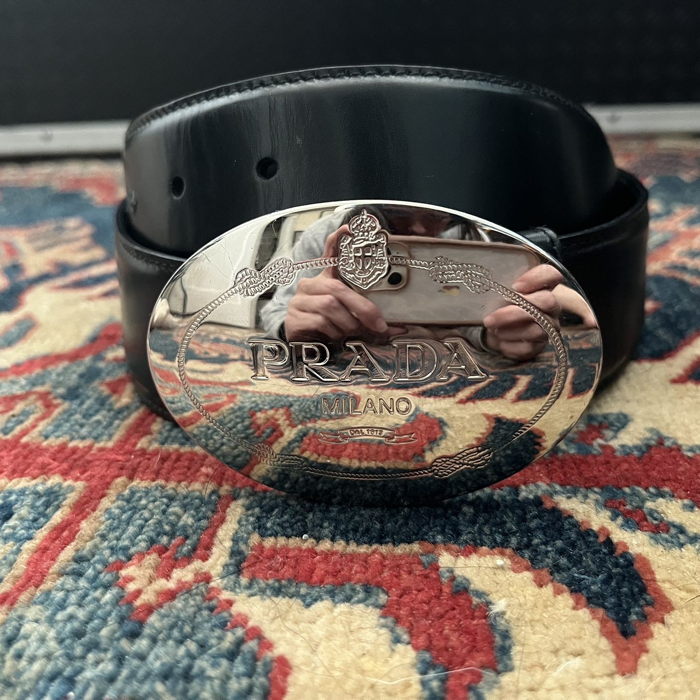 Prada Mens Navy Saffiano Leather Belt Silver Oval Buckle Belt Size Black/baltic Blue Reversible Saffiano Leather Belt | PRADA  main image 3