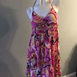 Sue Wong 100% Silk Beaded Empire Waist Multicolor Fully Lined Dress Size 6