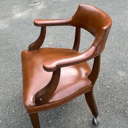 Antique Mid Century Wood Frame And Leather Accent Office Armchair Club Chair