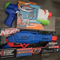 Nerf blasters x2, Super Soaker and Alpha Striker