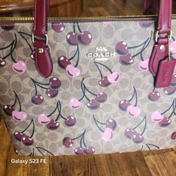 Coach Gallery Tote Bag in Signature Canvas with Cherry Print (Style Number CAA71).
