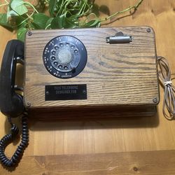 Antique Telephone- Solid Wood Desk Telephone With Rotary Dial. Engraved Name Plate & Clip Board.